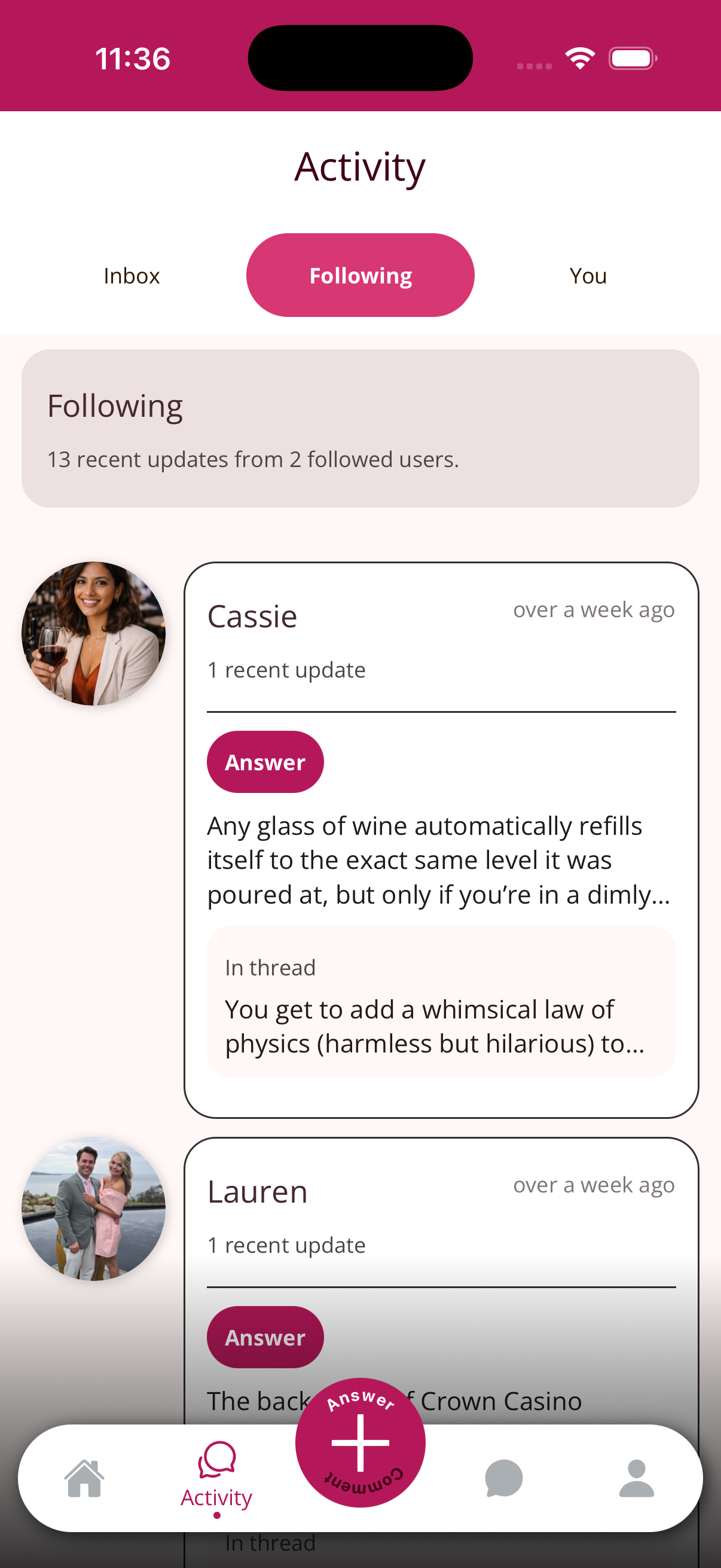 Following feed screen